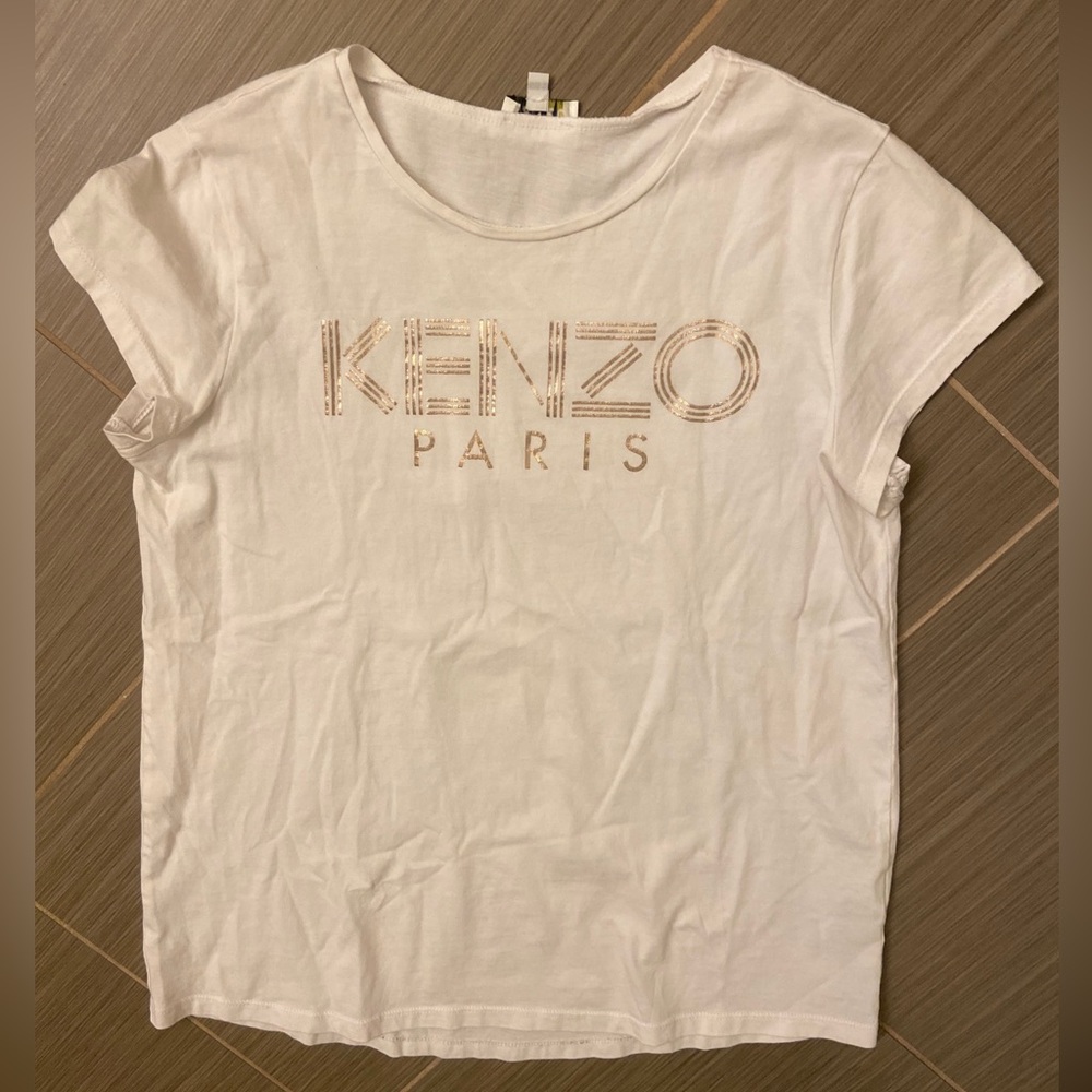 Kenzo girls white tee shirt KENZO PARIS Gold Lettering sz 14 EUC